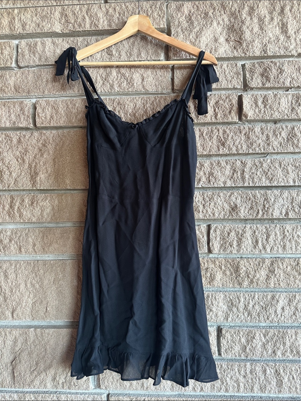 Reformation Black Tie-Shoulder Slip Dress with Ruffle Hem